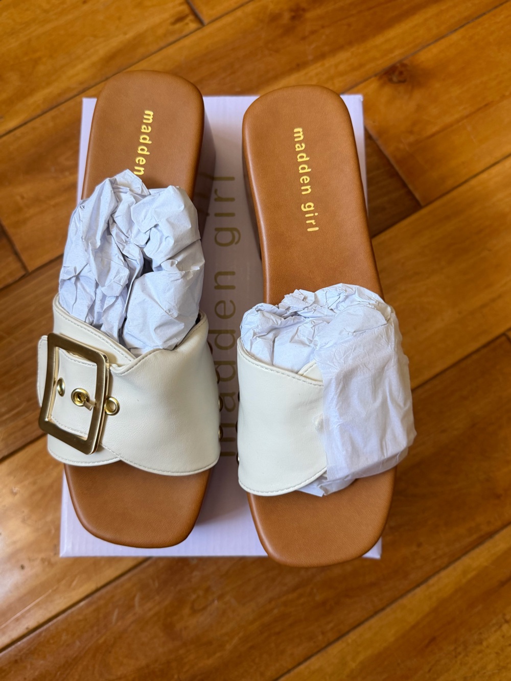 Madden Girl Cream Slide Mules with Gold Buckle